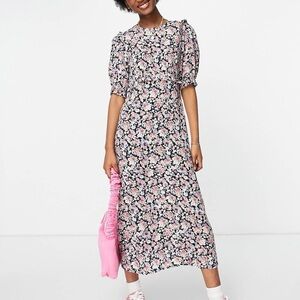 Nobody's Child Black Floral Puff Sleeve Midi Dress